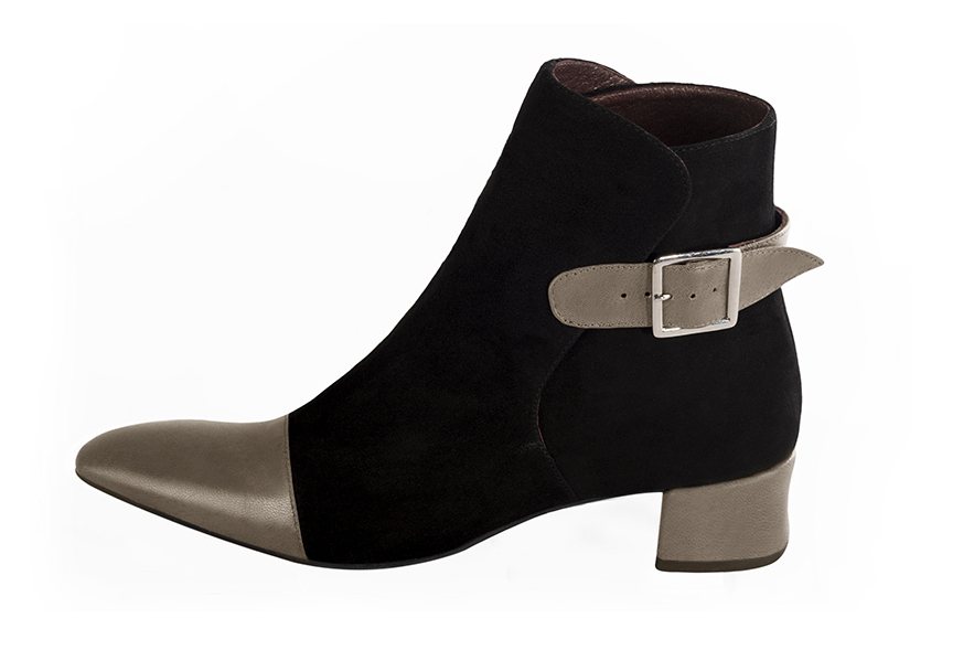 Taupe brown and matt black women's ankle boots with buckles at the back. Tapered toe. Low flare heels. Profile view - Florence KOOIJMAN